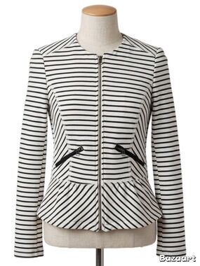 Zara Black & White Striped Peplum Zip Jacket